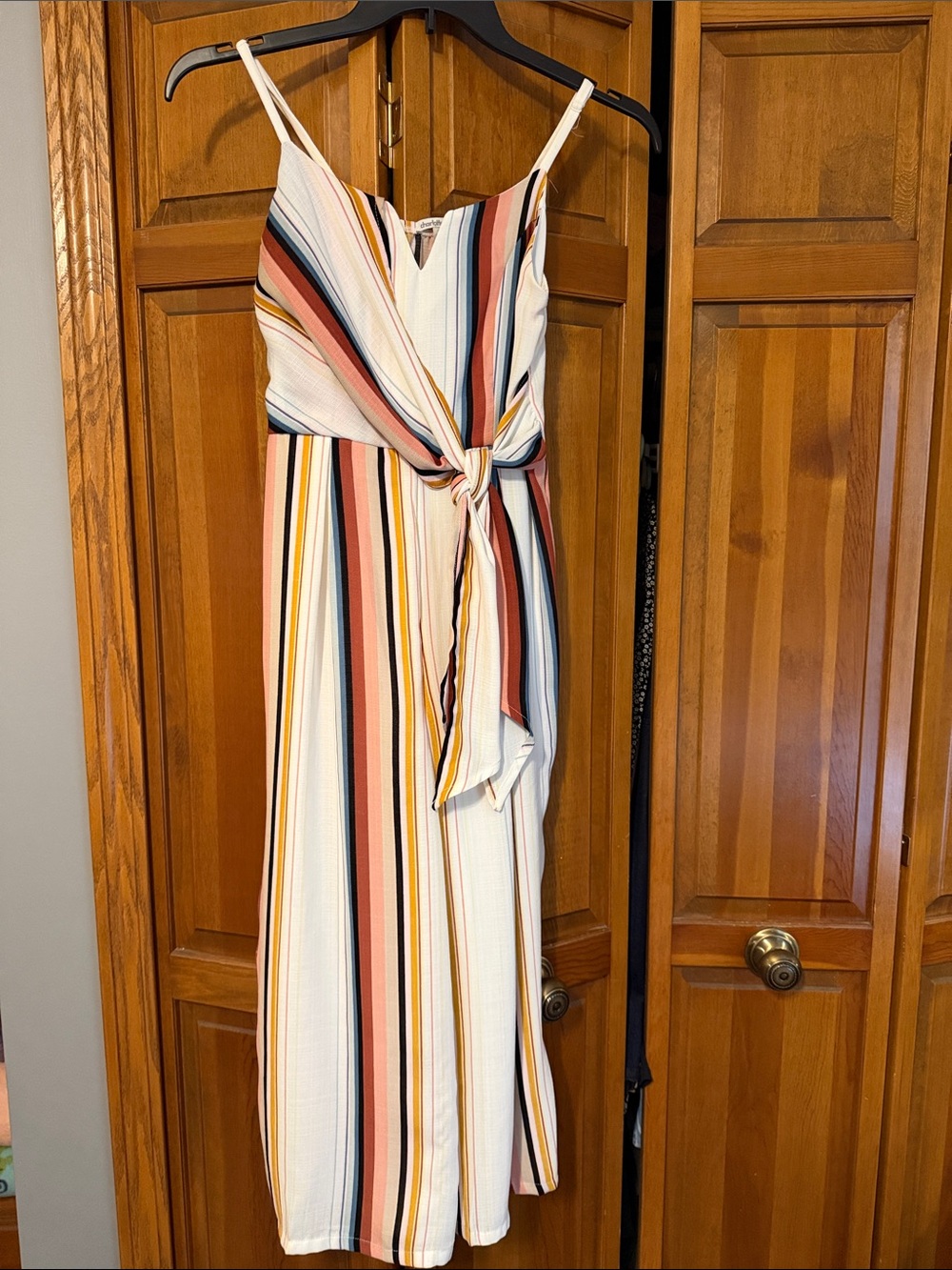Charlotte Russe Cream Striped Tie-Front Jumpsuit with Multi-Color Stripes